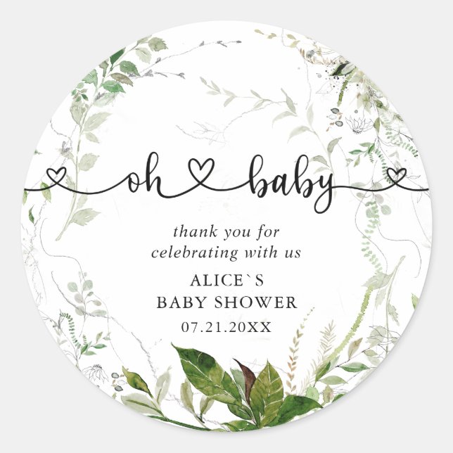 Oh Baby Modern Greenery Leaves Baby Shower Classic Round Sticker (Front)