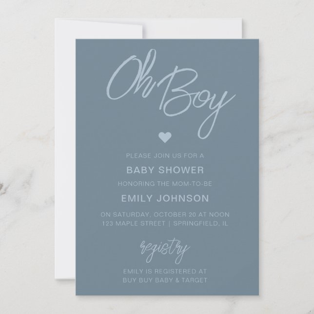 Oh Baby Modern Minimal Dusty Blue Boy Baby Shower Invitation (Front)