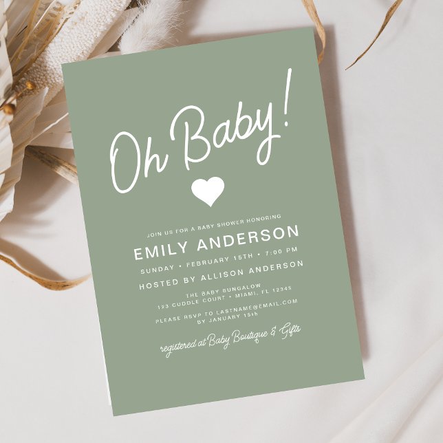 Oh Baby Modern Minimalist Sage Green Baby Shower  Invitation (Creator Uploaded)