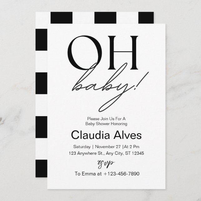 Oh Baby Modern Simple Black Baby Shower Invitation (Front/Back)