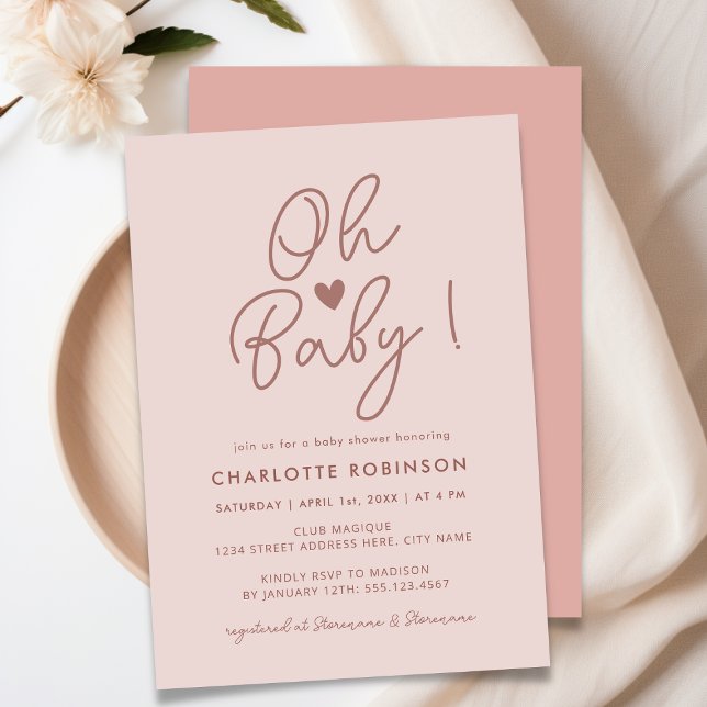 Oh Baby Modern Simple Dusty Pink Girl Baby Shower Invitation (Creator Uploaded)