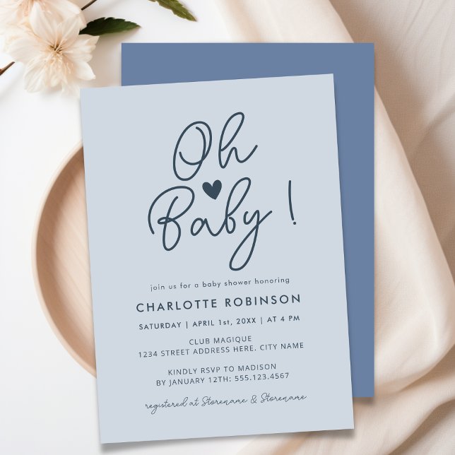 Oh Baby Modern Simple Pastel Blue Boy Baby Shower Invitation (Creator Uploaded)