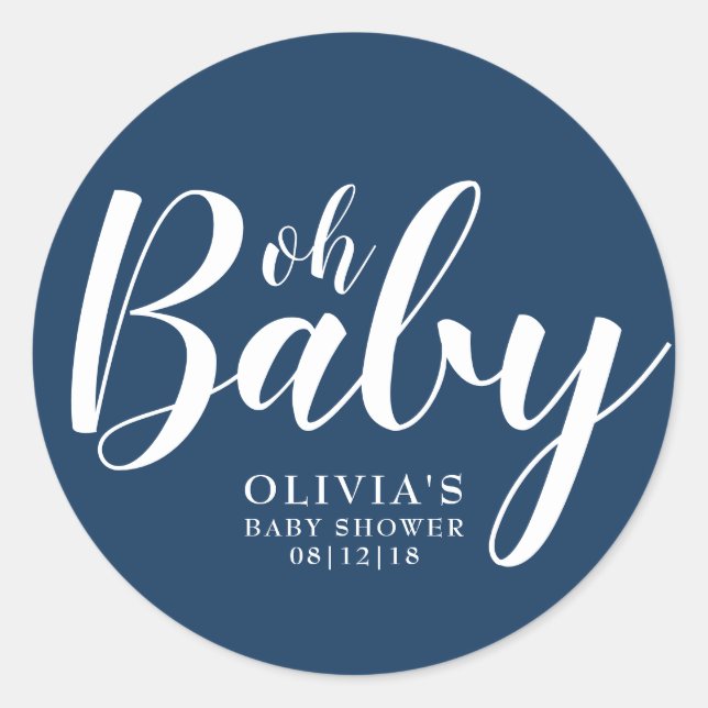 Oh Baby - Navy Blue Baby Shower Classic Round Sticker (Front)