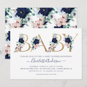 Oh Baby Navy Blue & Blush Floral Baby Shower Invitation