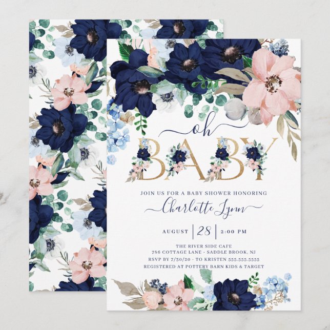 Oh Baby Navy Blue & Blush Floral Baby Shower Invitation (Front/Back)