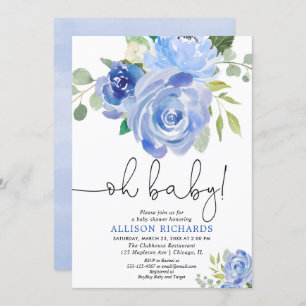 Oh baby Navy blue floral boy baby shower Invitation