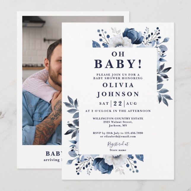 Oh Baby Navy Blue Floral Photo Baby Shower Invitation (Front/Back)