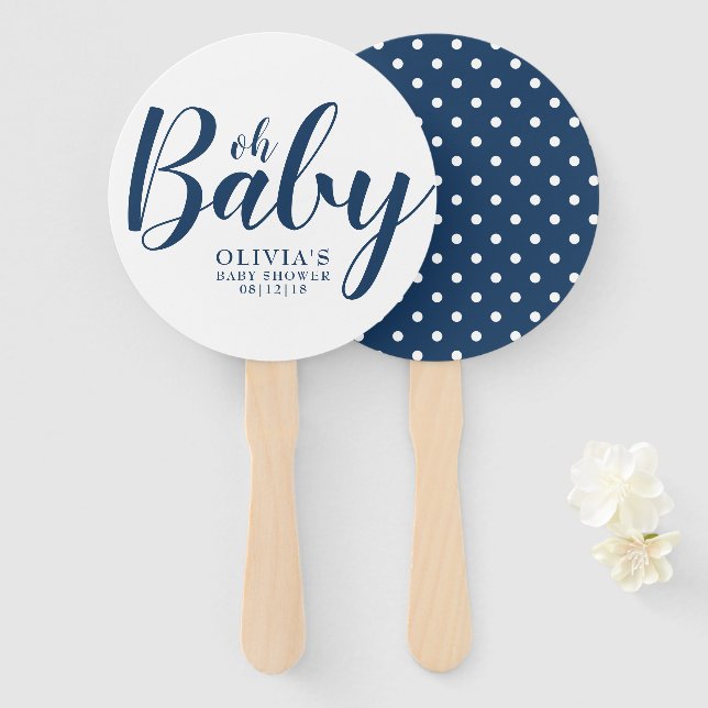Oh Baby - Navy Blue Polka Dot Baby Shower Hand Fan (Front and Back)