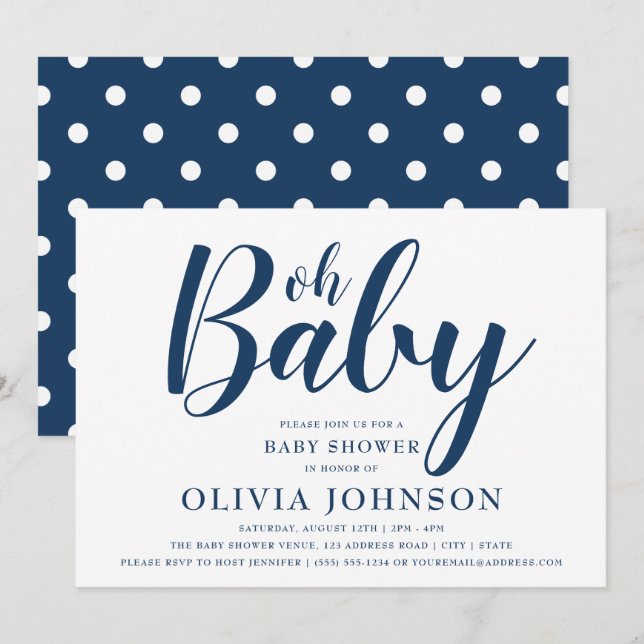 Oh Baby - Navy Blue Polka Dot Baby Shower Invitation (Front/Back)