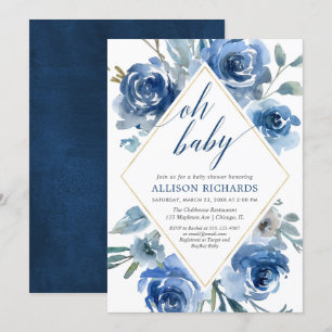 Oh baby navy blue white floral boy baby shower invitation