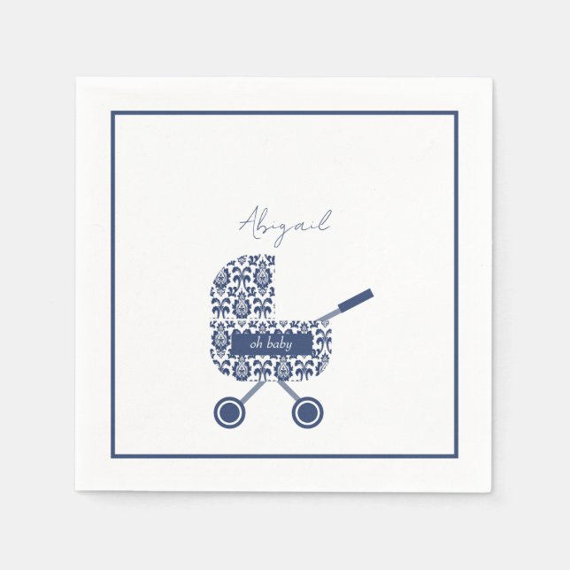 Oh Baby Navy Damask Pram Baby Shower  Napkin (Front)