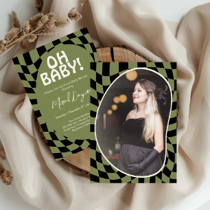 Oh Baby! Olive Green Chequered Modern Baby Shower Invitation