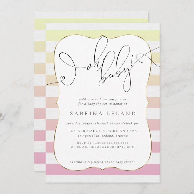 OH Baby Ombré Yellow to Pink  Stripes Invitation (Front/Back)