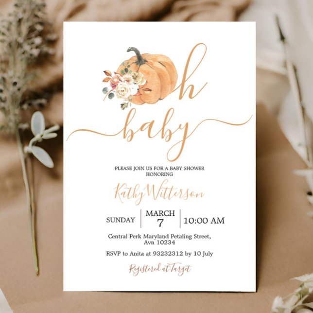 Oh Baby Orange Pumpkin Floral Baby Shower Invitation (Creator Uploaded)