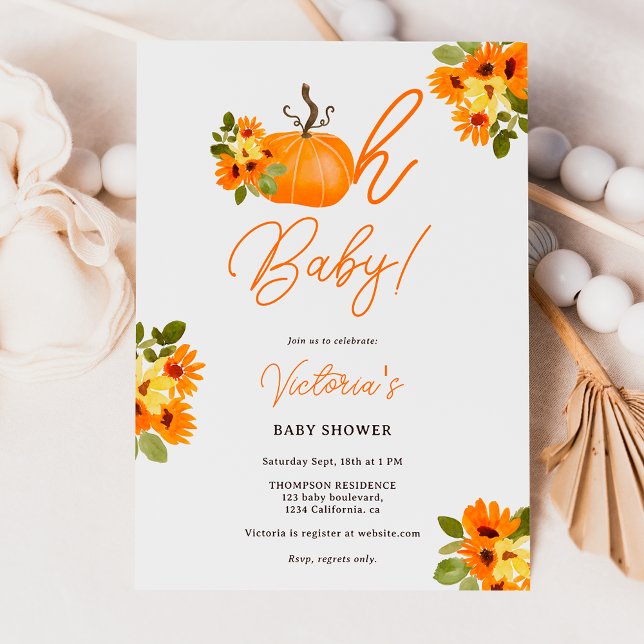 Oh Baby orange pumpkin floral neutral baby shower Invitation (Oh Baby orange pumpkin floral neutral baby shower Invitation)