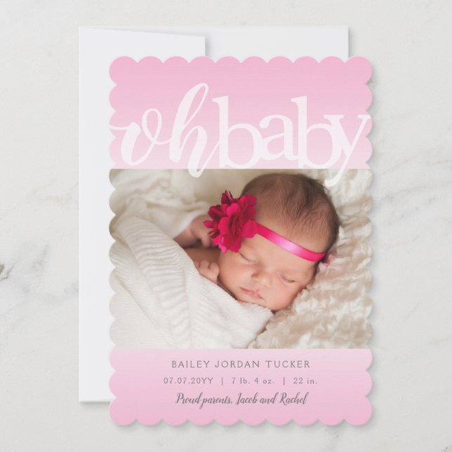 Oh Baby Overlay Pink Photo Birth Announcement (Front)