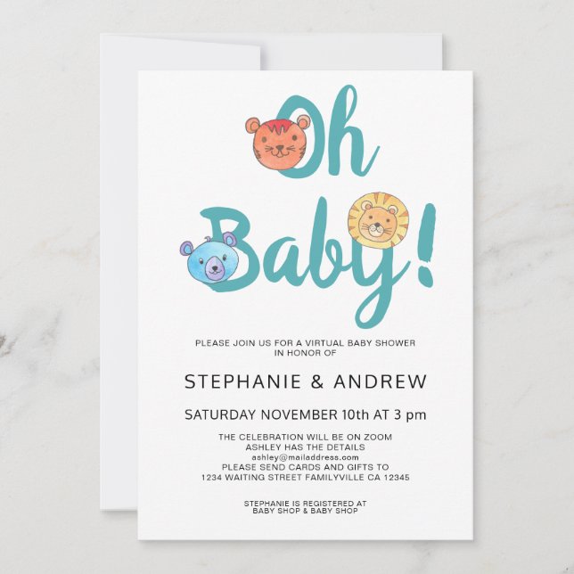 Oh Baby Pastel Cute Animals Virtual Baby Shower Invitation (Front)