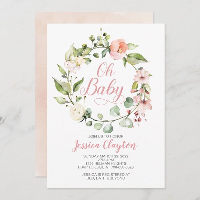 Oh Baby Peach Floral Baby Shower Invitation (Front/Back)