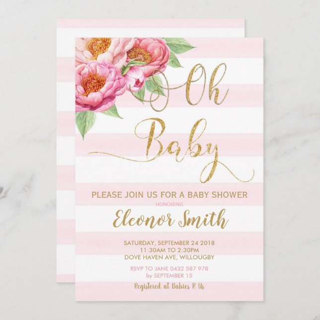 Oh Baby Peony Floral Baby Shower Invitation Girl (Front/Back)