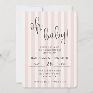 Oh Baby Pink and Cream Striped Girl Baby Shower Invitation