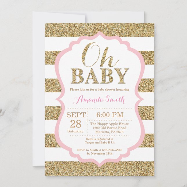 Oh Baby Pink and Gold Baby Shower Invitation (Front)