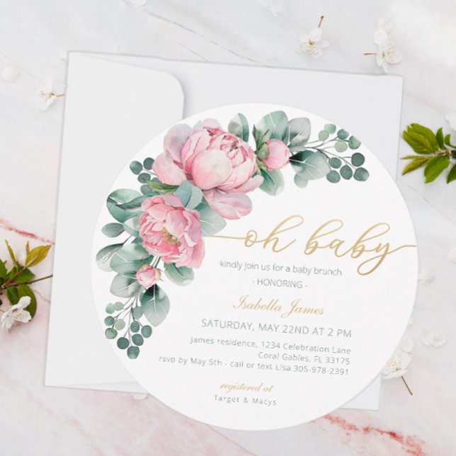 Oh Baby Pink and Gold Floral Greenery Girl Baby Sh Invitation (Oh Baby - Baby Shower Invite)