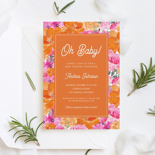 Oh Baby Pink and Orange Vibrant Floral Baby Shower Invitation (Creator Uploaded)