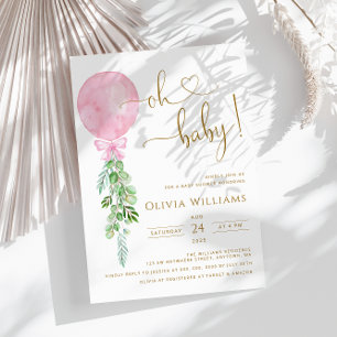 Oh Baby Pink Balloon Eucalyptus Baby Shower Invitation