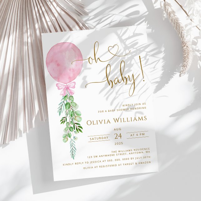 Oh Baby Pink Balloon Eucalyptus Baby Shower Invitation (Creator Uploaded)