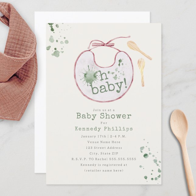 Oh Baby Pink Bib Green Babyfood Girl Baby Shower Invitation (Creator Uploaded)