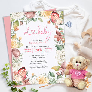 Oh Baby Pink Butterfly Floral Girl Baby Shower Invitation