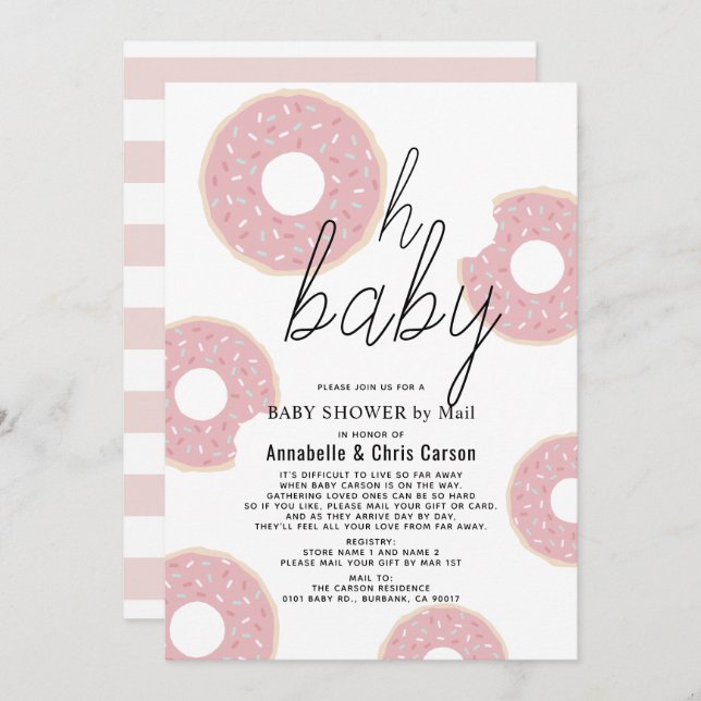 Oh Baby Pink Doughnut Girl Baby Shower by Mail Invitation (Front/Back)