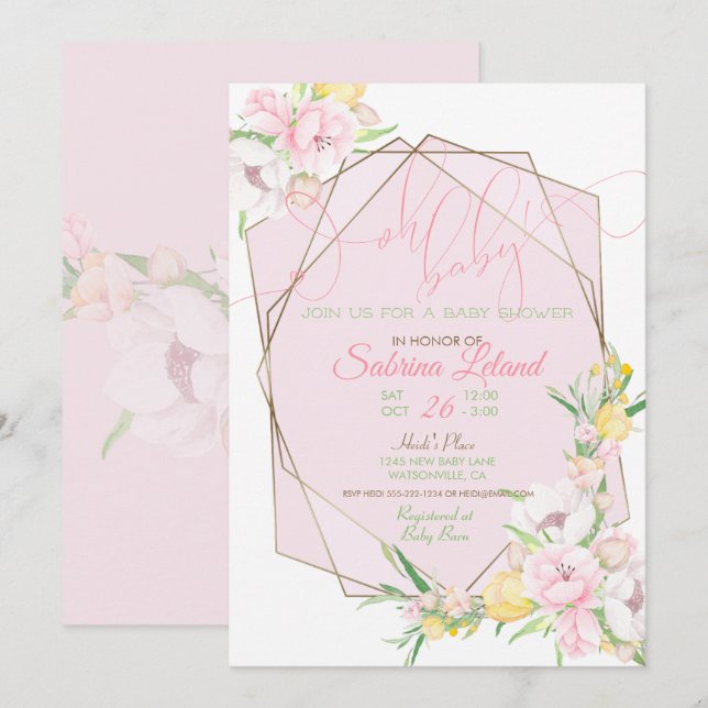 Oh Baby Pink Floral Baby Shower Crystal Frame Invitation (Front/Back)