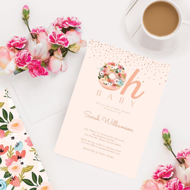 Oh Baby Pink Floral Botanical Doughnut Baby Shower Invitation (Creator Uploaded)