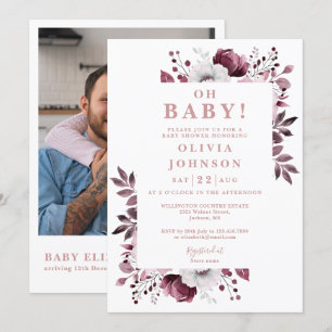 Oh Baby Pink Floral Photo QR Code Baby Shower Invitation