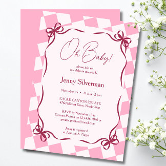 Oh Baby Pink Gingham Bows Baby Shower Invitation