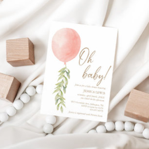 Oh Baby Pink Girl Balloon Eucalyptus Foliage Invitation