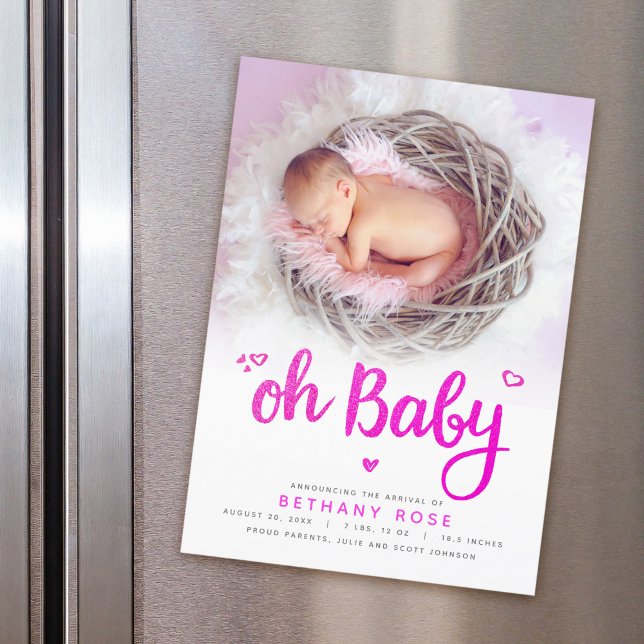 Oh Baby Pink Girl Birth Announcement Magnetic Card (Creator Uploaded)