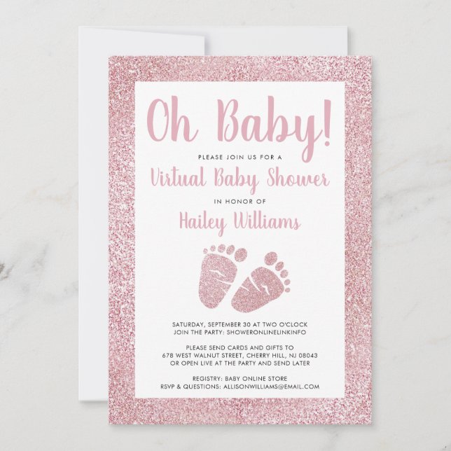 Oh Baby Pink Glitter Baby Feet Virtual Baby Shower Invitation (Front)