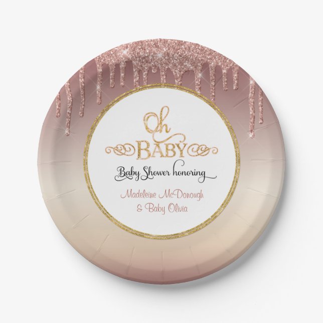 OH BABY Pink Glitter Drips Typography Baby Shower Paper Plate (Front)