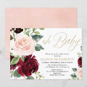 Oh baby Pink gold burgundy floral girl baby shower Invitation