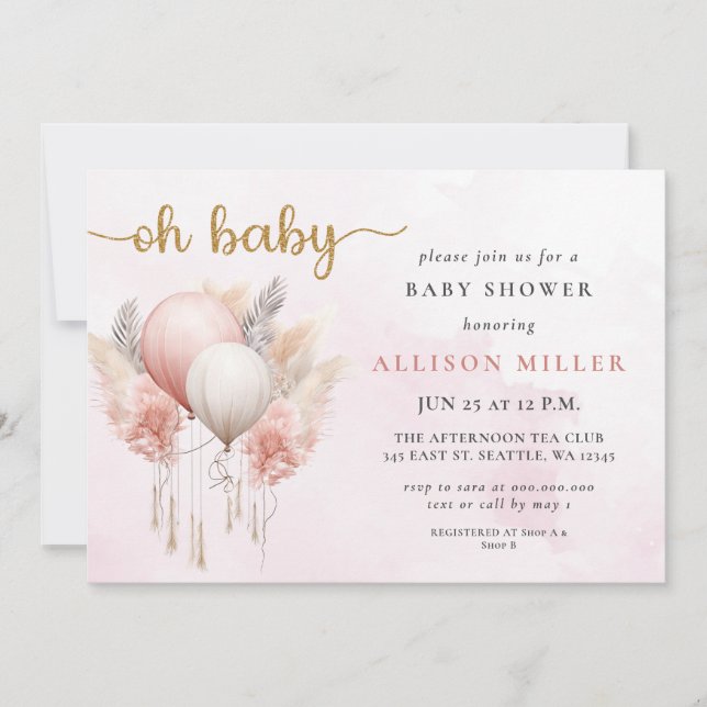Oh Baby Pink Gold Pampas Boho Girl Baby Shower  Invitation (Front)