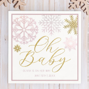 Oh Baby Pink & Gold Snowflakes Baby Shower Napkin