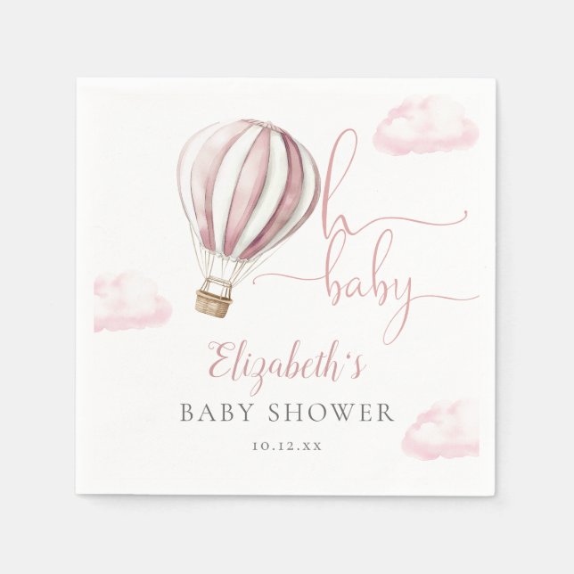 Oh Baby Pink Hot Air Balloon Girl Baby Shower Napkin (Front)