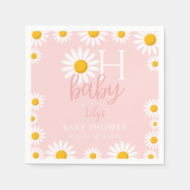 Oh Baby Pink Modern Daisy Baby Shower Napkin (Front)