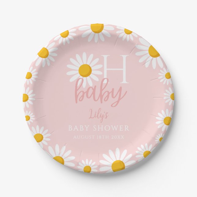 Oh Baby Pink Modern Daisy Baby Shower Paper Plate (Front)