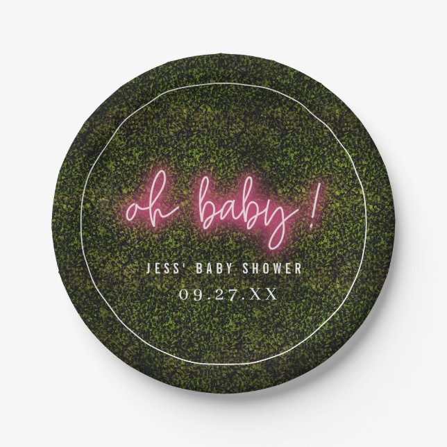 Oh Baby Pink Neon Boxwood Baby Shower Paper Plate (Front)