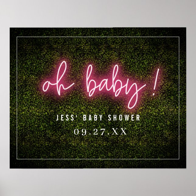 Oh Baby Pink Neon Boxwood Baby Shower Poster (Front)