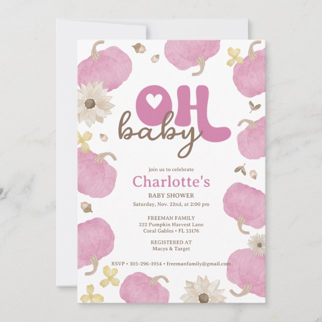 Oh Baby Pink Pumpkin Fall Baby Shower Invitation (Front)