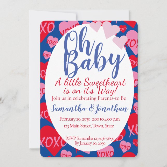 Oh Baby Pink Red Sweethearts Baby Shower Blue Invitation (Front)